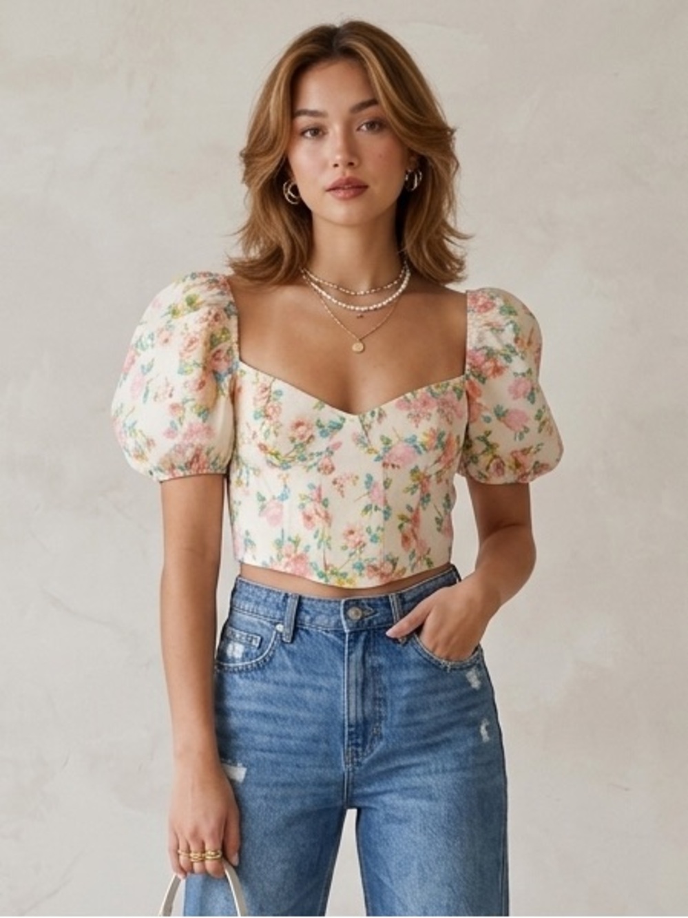 Zara Medium Floral Corset Puff Balloon Sleeve Bustier Top